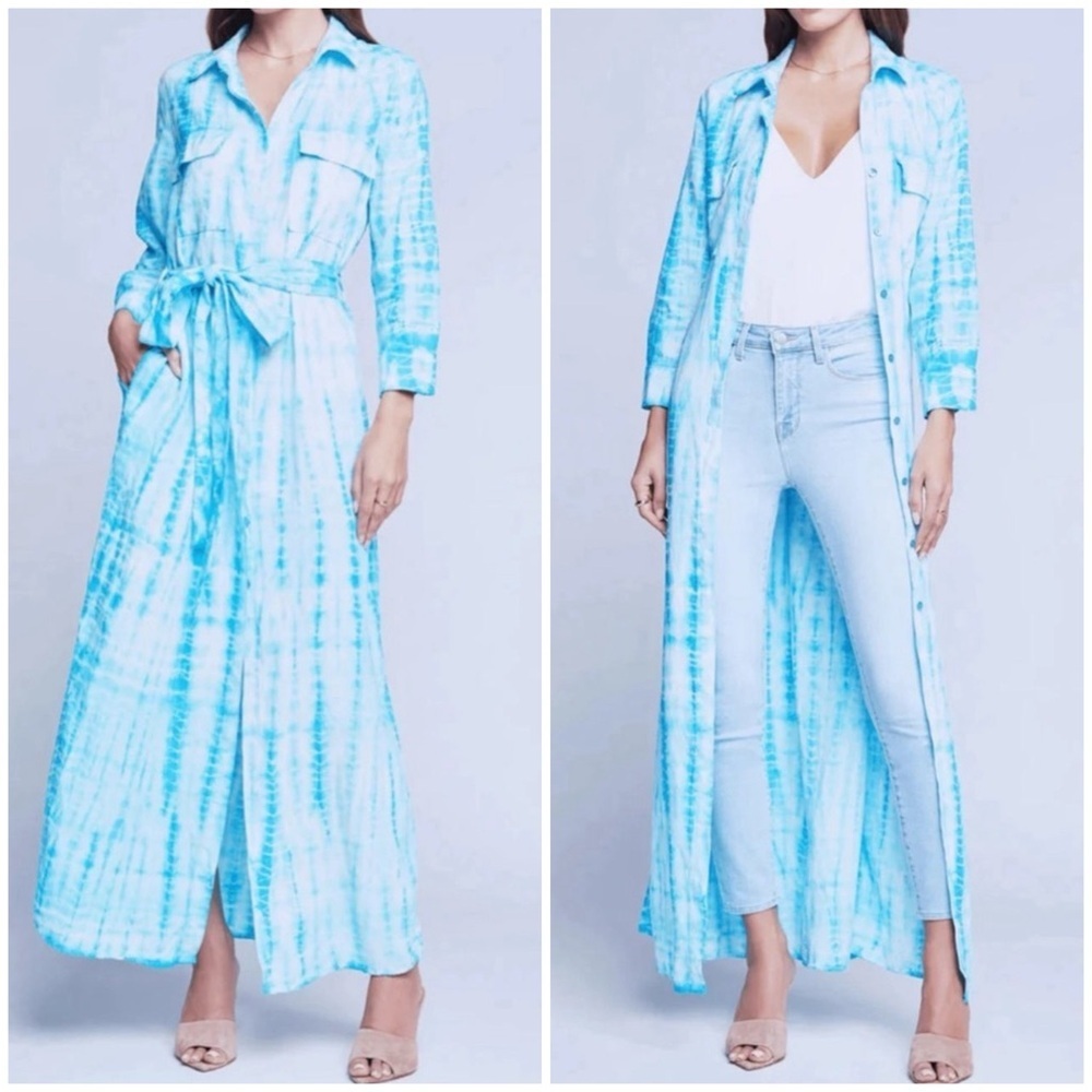 New L’agence Cameron Long Shirt Dress Aqua Bamboo Tie Dye Linen Blue Sz Xs
